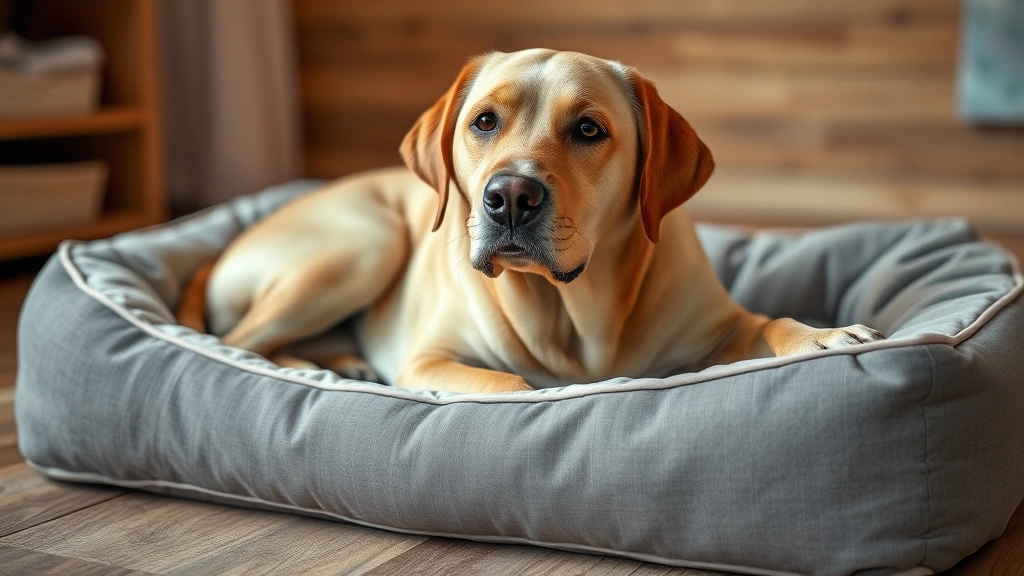 lipoma in dogs -
Photorealistic image of a senior labrador retriever lying on a comfortable dog
