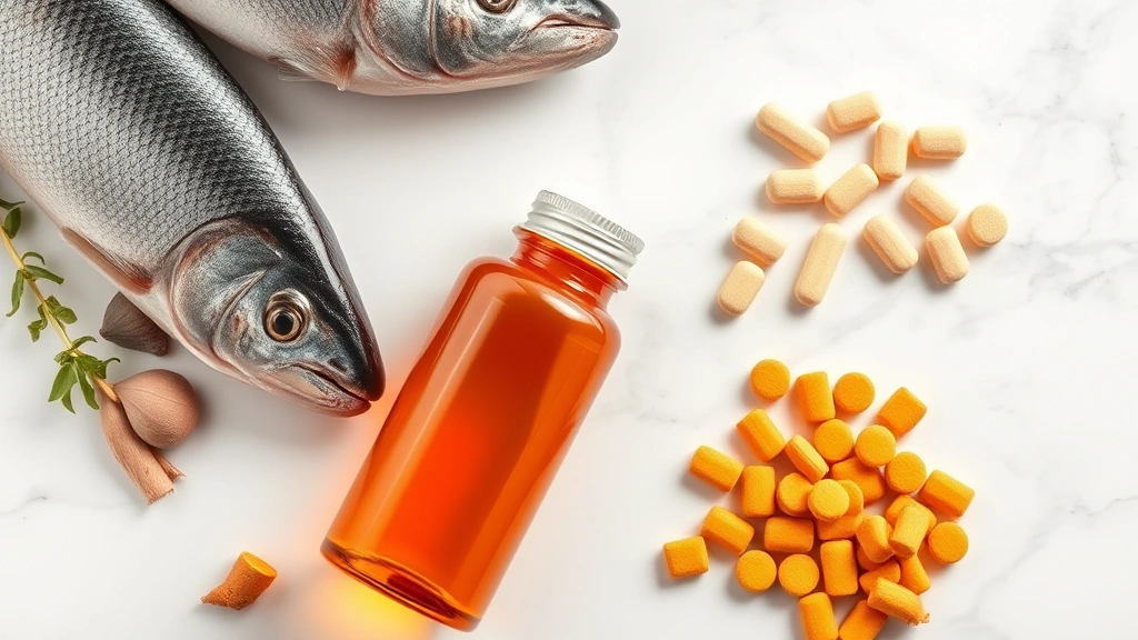 liquid joint supplements -
Photorealistic overhead shot of a clear amber liquid supplement bottle next to 