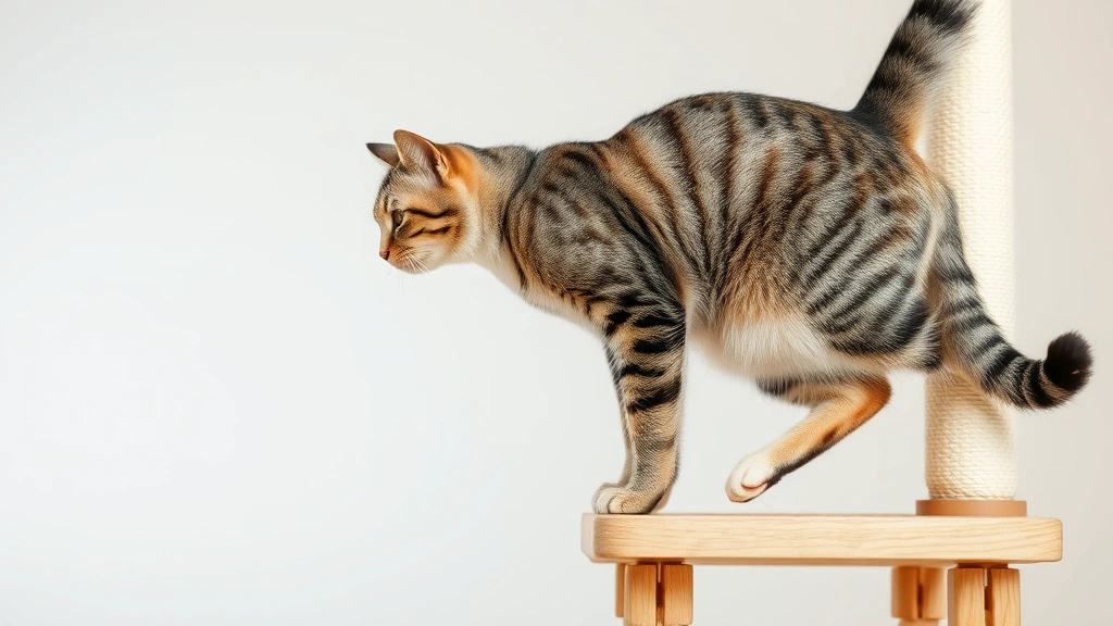 liquid joint supplements -
Photorealistic side-view of a senior tabby cat gracefully climbing a wooden cat