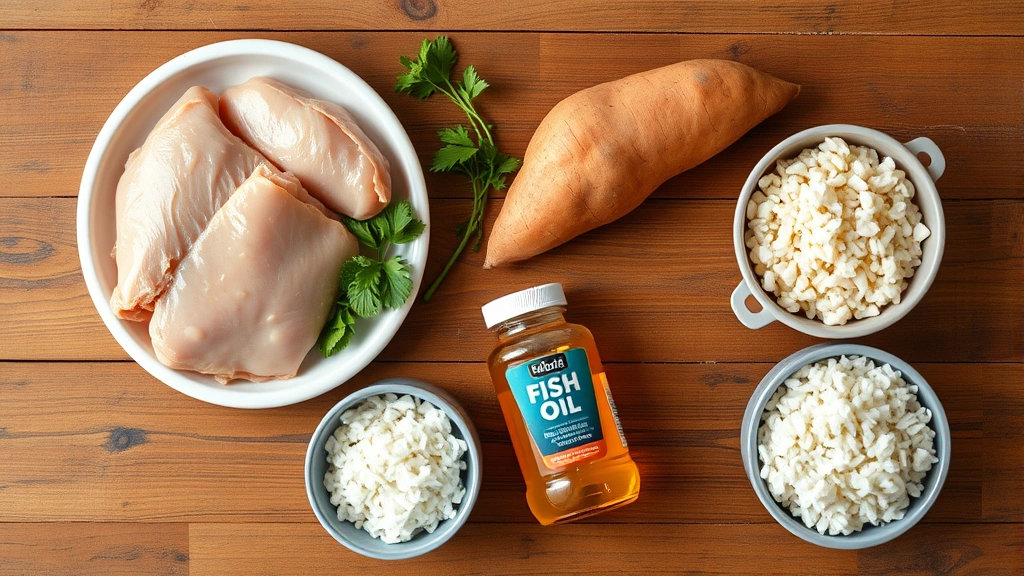 liver disease feeding regimen -
Photorealistic image of various pet-safe ingredients laid out on a wooden table
