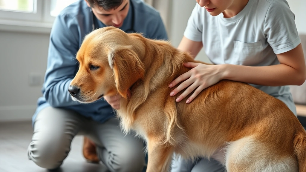 liver disease in dogs -
Photorealistic image of a concerned dog owner examining their golden retriever&