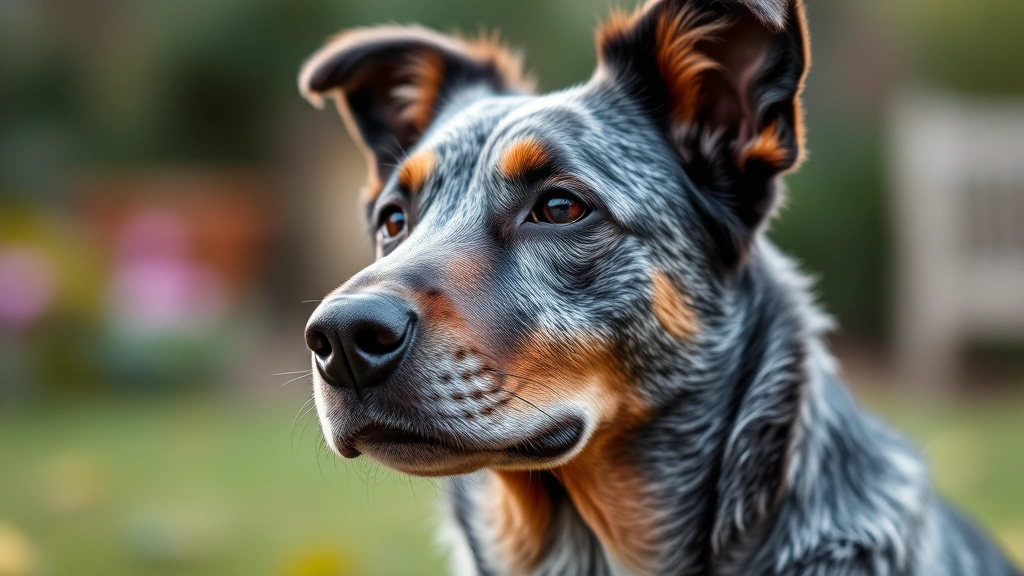 long dog bluey -
photorealistic close-up portrait of a blue heeler dog with mottled gray coat, a
