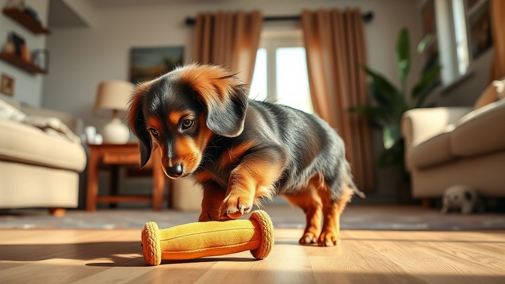 long haired sausage dog puppy -
Photorealistic full-body shot of a long-haired dachshund puppy playing with a t