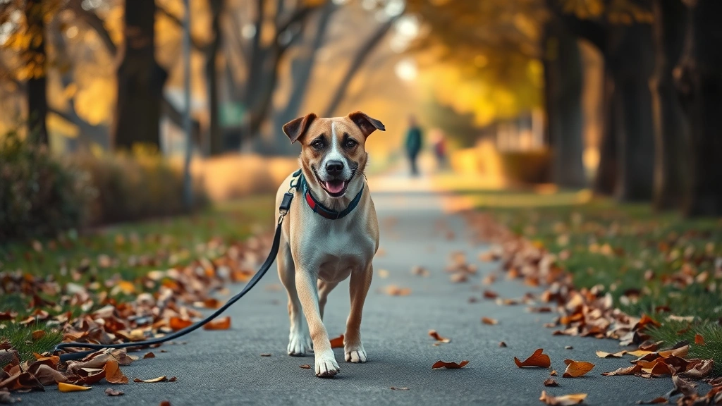 long-term shelter dog jackie -
Photorealistic image of a medium-sized rescue dog walking on a leash through a