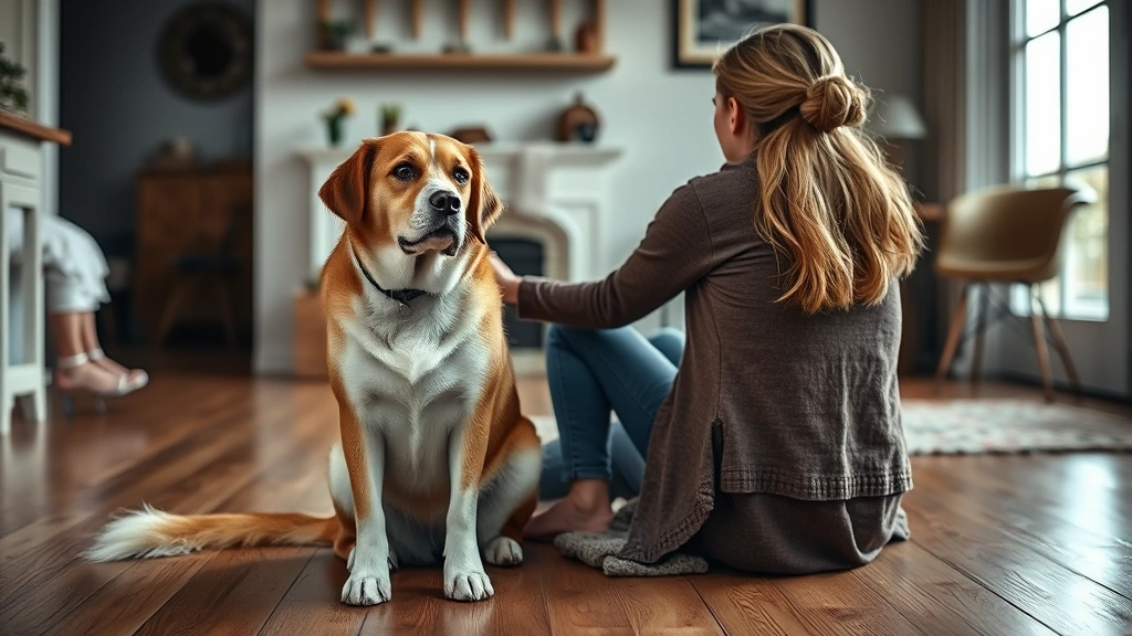 long-term shelter dog jackie -
Photorealistic image of a grateful shelter dog sitting beside a woman on a wood