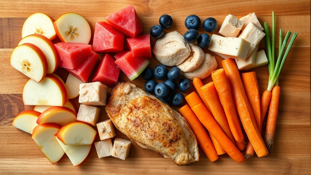 low-calorie human foods for pets -
Photorealistic overhead shot of assorted pet-safe foods arranged on a wooden cu