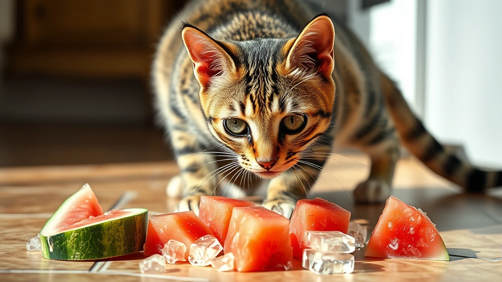 low-calorie human foods for pets -
Photorealistic image of a playful tabby cat investigating frozen watermelon cub