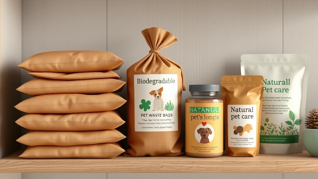 low carbon pawprint -
Photorealistic image of biodegradable pet waste bags in earthy tones stacked ne