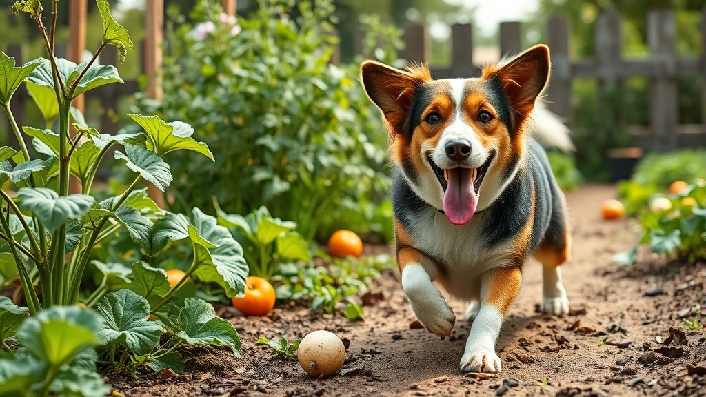 low carbon pawprint -
Photorealistic image of a healthy dog playing outdoors in a garden with vegetab