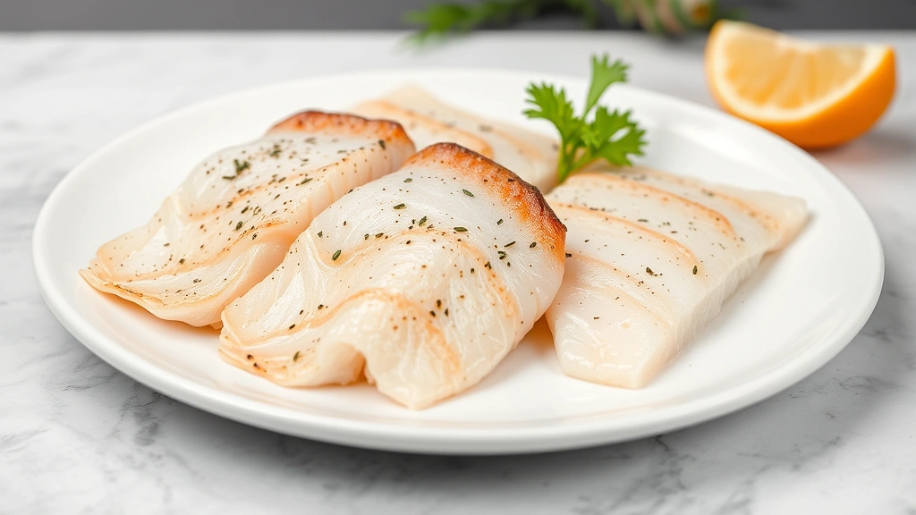 low-fat human food options -
and white fish fillets arranged on a white ceramic plate