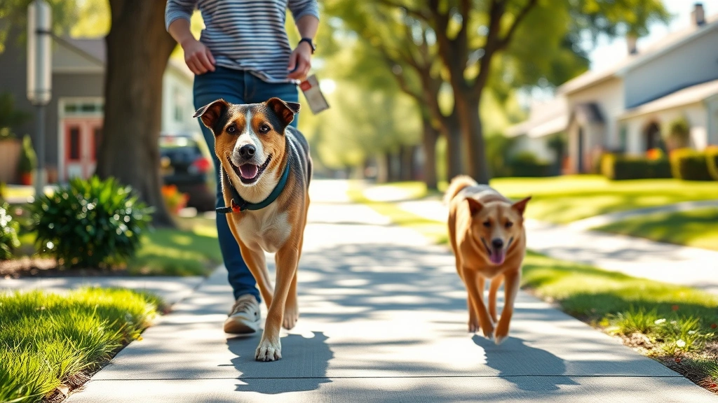 low maintenance dogs -
Photorealistic style: A mixed breed dog walking beside a person on a sunny neig