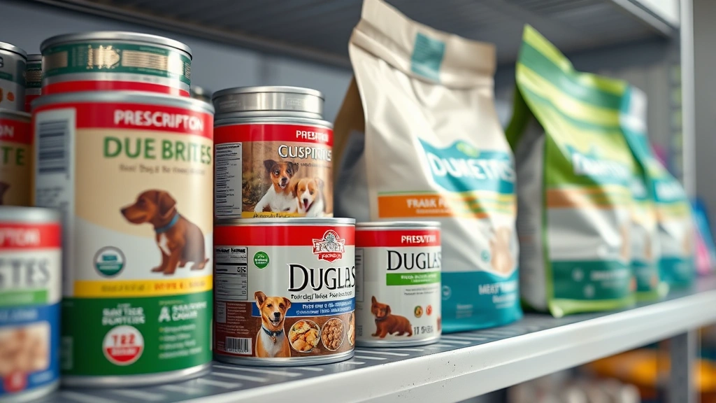low protein dog food -
Photorealistic close-up of various prescription dog food cans and bags arranged