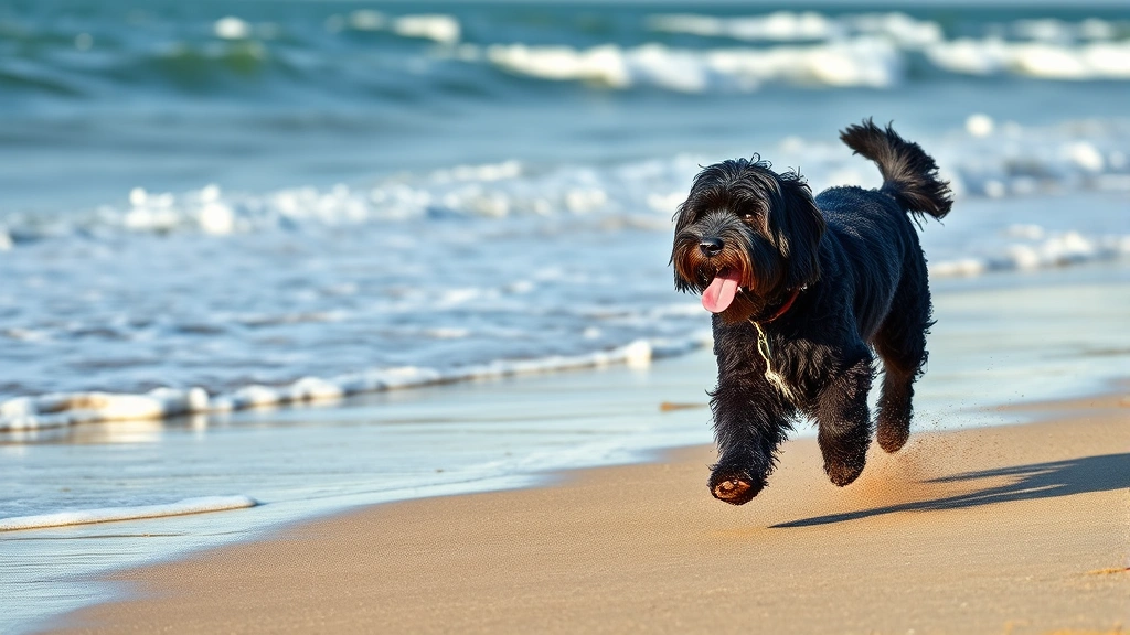 low shedding dog breeds -
Photorealistic image of a Portuguese Water Dog with dark wavy coat playing fetc