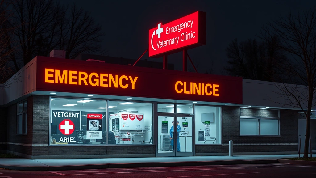 mad dog alcohol -
Photorealistic image of emergency veterinary clinic exterior at night with illu