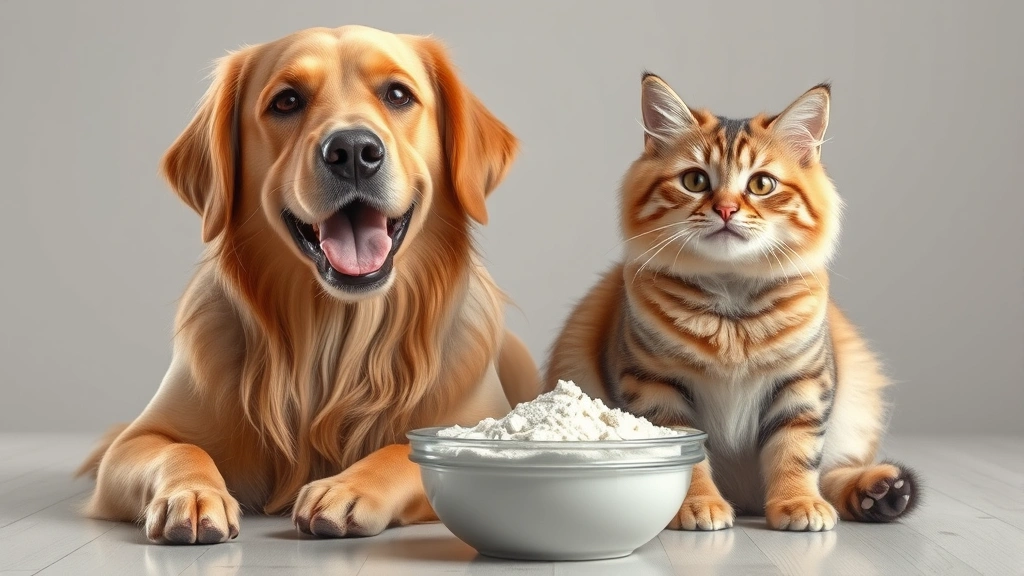 made in USA pet supplements -
Photorealistic image of a happy golden retriever and a content tabby cat sittin