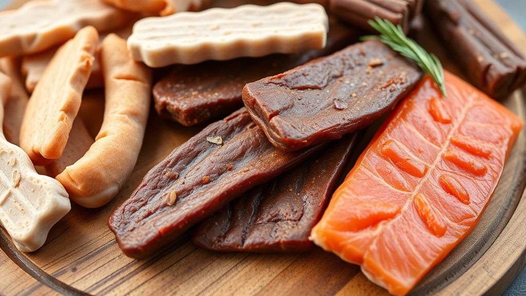 makes me want a hot dog real bad -
Close-up of various healthy dog treats including plain cooked chicken, beef jer