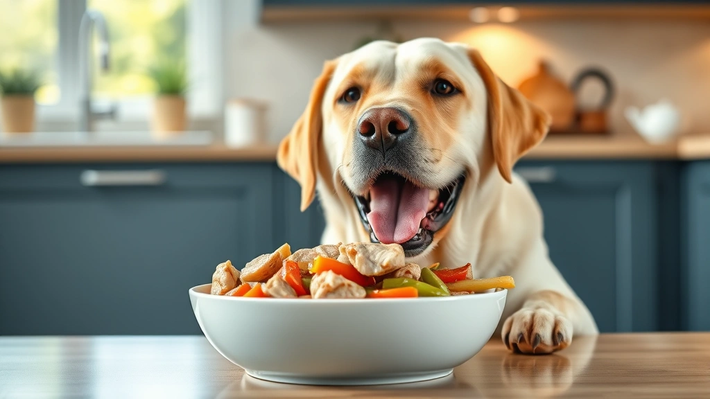 makes me want a hot dog real bad -
Happy Labrador eating from a bowl with plain cooked chicken and vegetables, bri