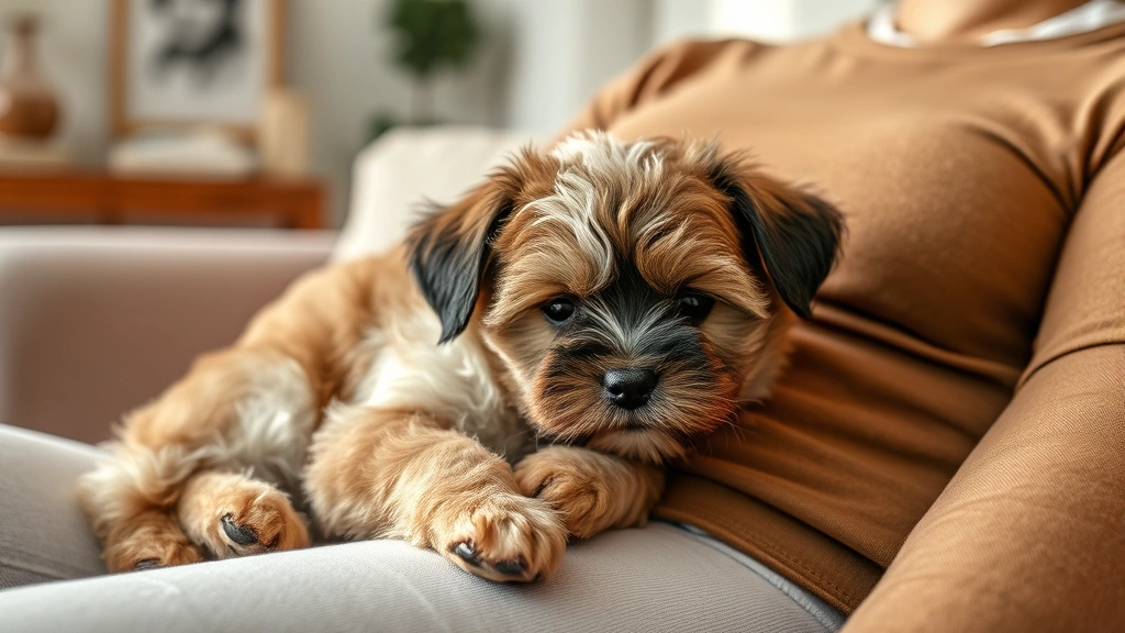 maltipoo rescue dog sleeps forever home -
Photorealistic image of a rescue maltipoo puppy resting its head on an adopter&