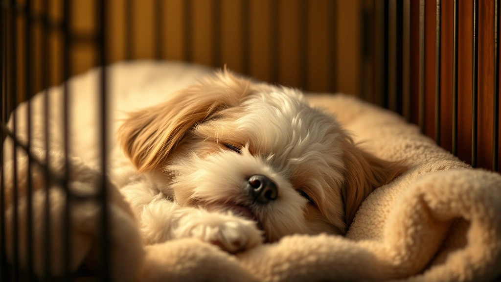 maltipoo rescue dog sleeps forever home -
Photorealistic image of a maltipoo dog sleeping soundly in a secure dog crate w