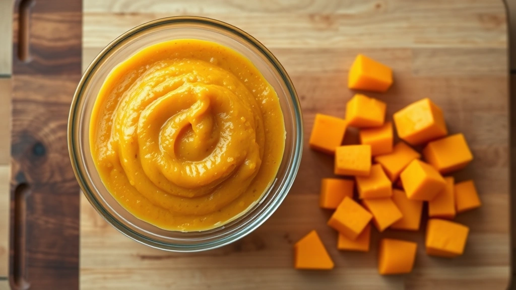 mashed pumpkin for dogs -
Photorealistic overhead shot of canned pumpkin puree in a glass bowl next to fr