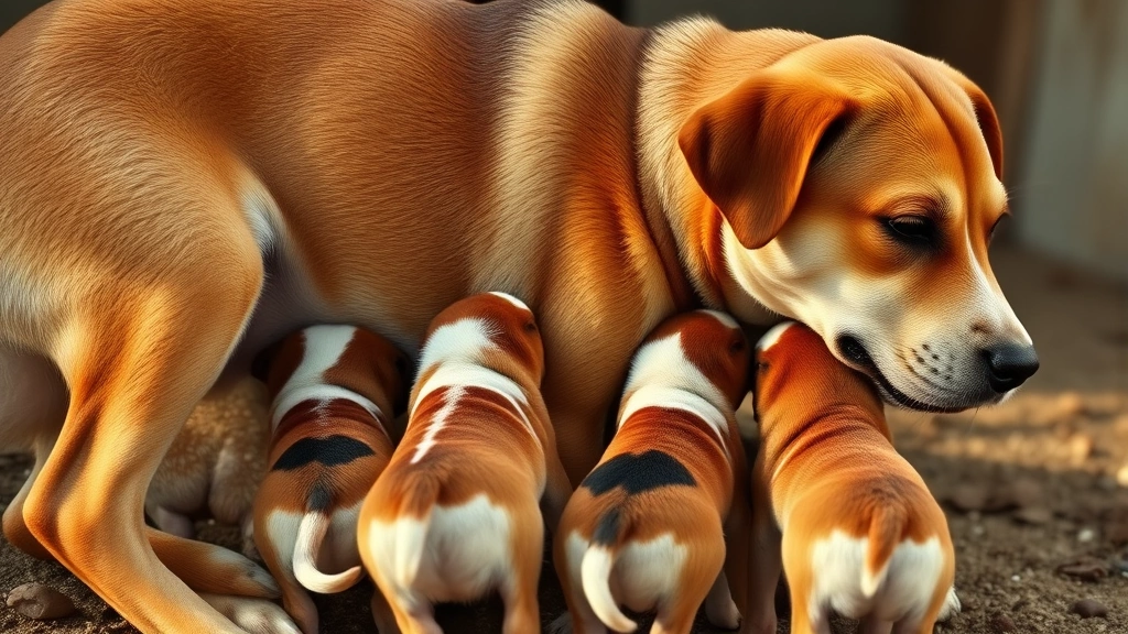 mastitis in dogs -
Photorealistic image of a nursing mother dog with healthy puppies nursing from 