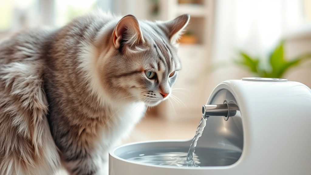 mature cat feeding -
An elderly gray and white cat drinking water from a modern cat fountain, photor