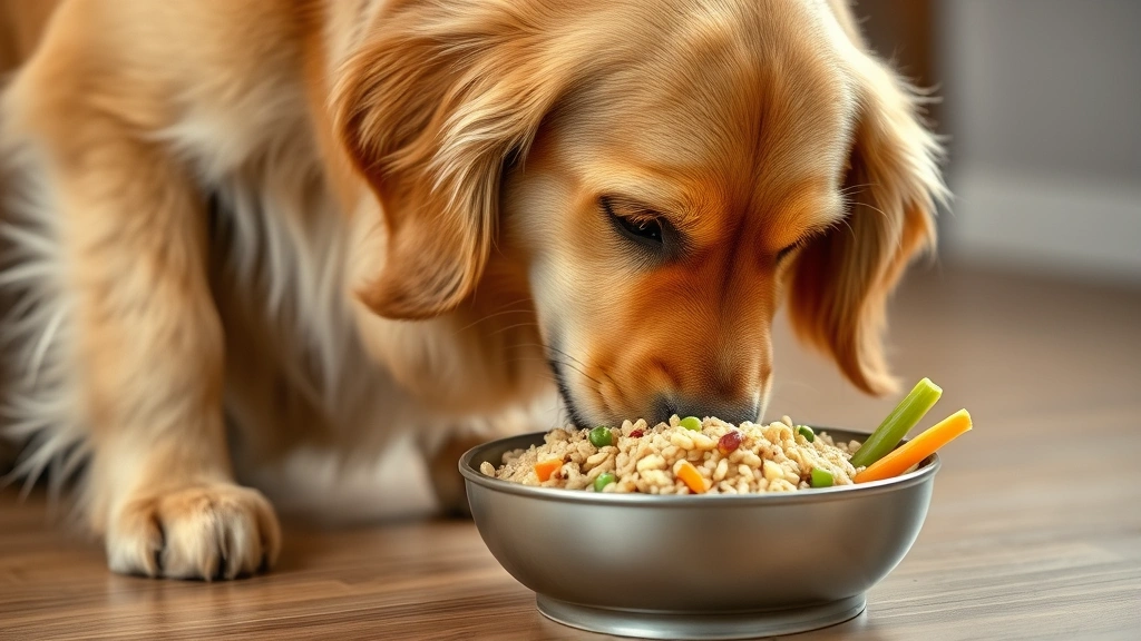 meal prep for pets -
photorealistic style: happy golden retriever eating from a bowl of home-prepped