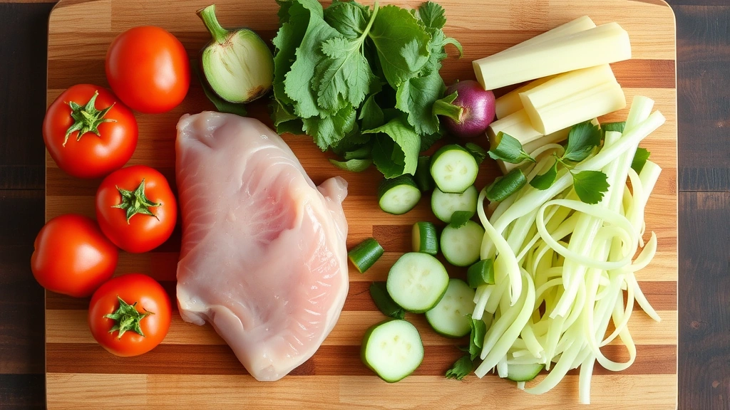 meal prep for pets -
fresh raw ingredients like chicken breast and vegetables arranged neatly on woo