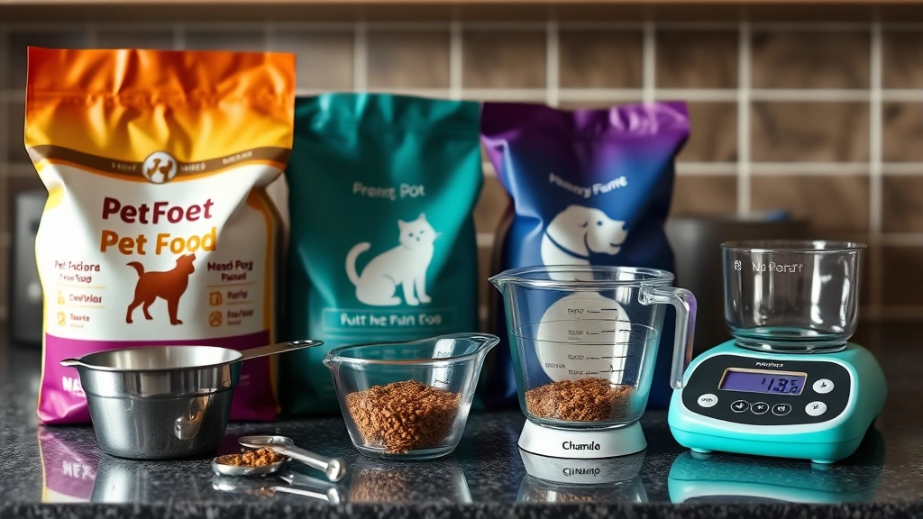 measuring pet food -
Photorealistic image of various pet food bags, measuring cups, and a digital sc