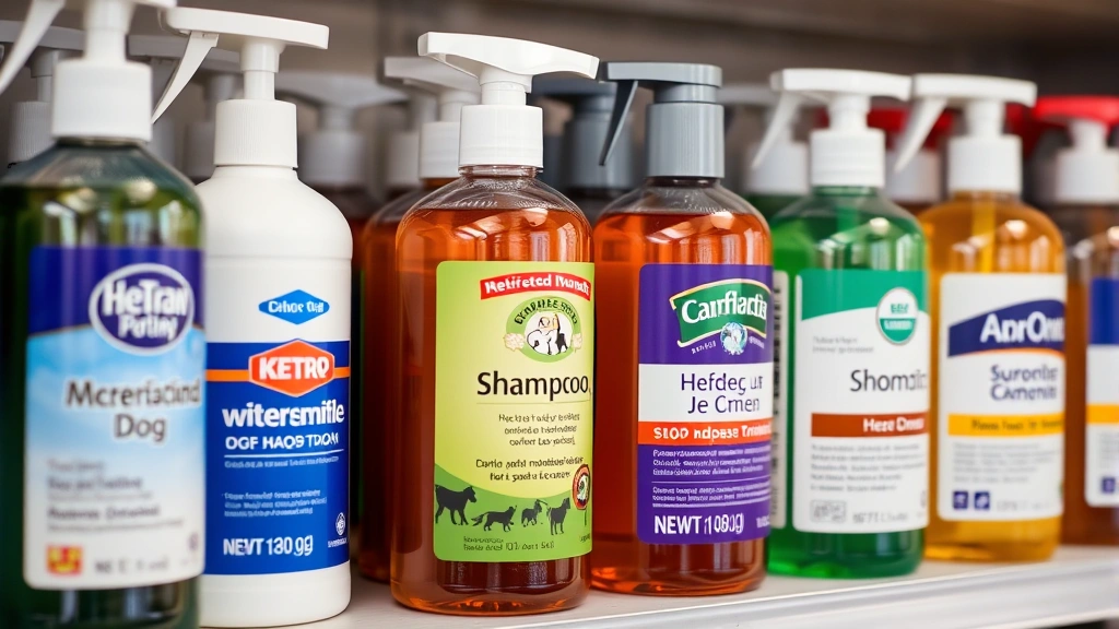 medicated dog shampoo -
Close-up of various medicated dog shampoo bottles arranged on a shelf, differen