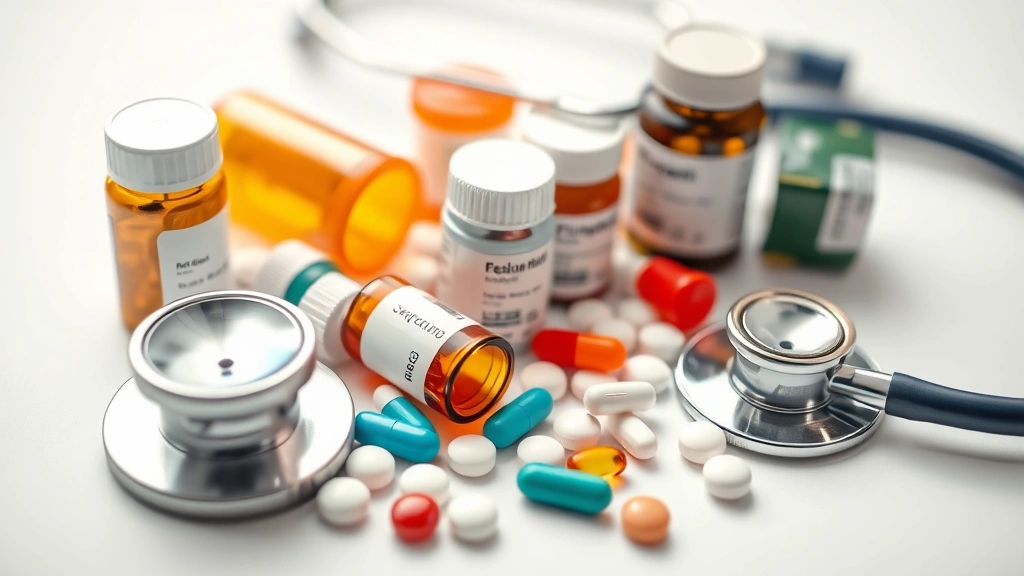 medicine for motion sickness for dogs -
Close-up of various medication bottles and pills arranged on a white surface wi