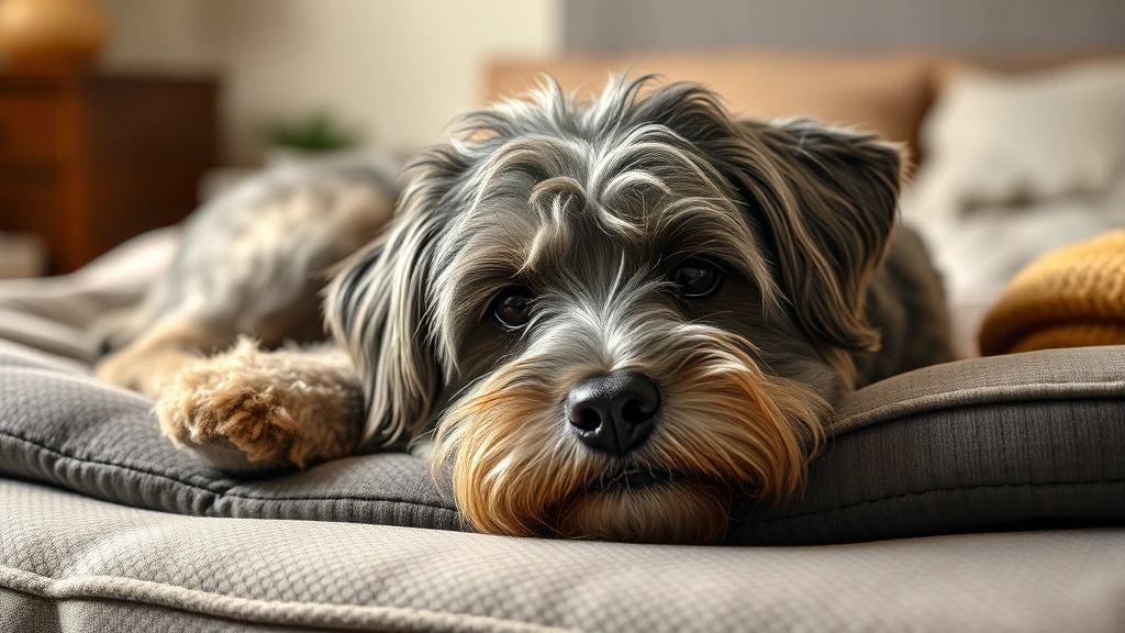 melatonin for dogs -
Photorealistic senior gray-muzzled dog resting calmly on an orthopedic bed with