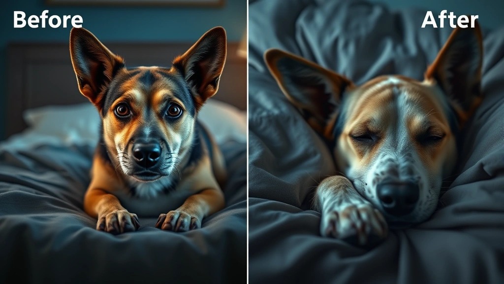 melatonin for dogs -
Photorealistic anxious-looking dog with alert eyes on a bed at night, then tran