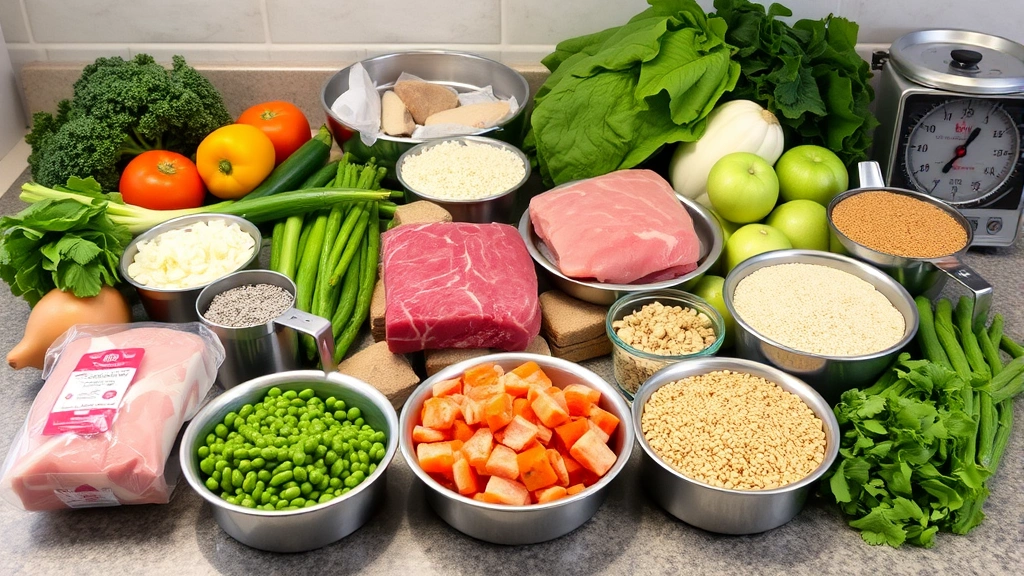 metabolic feeding schedule -
A variety of fresh pet food ingredients including lean meats, vegetables, and g