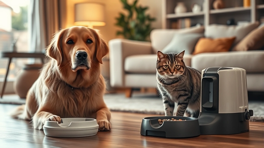 microchip pet feeders -
Photorealistic image of a multi-pet household with a golden retriever and tabby