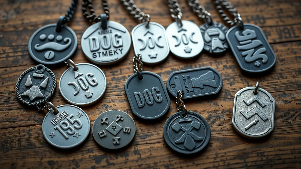 military dog tags -
Photorealistic image of various military dog tag styles and materials displayed