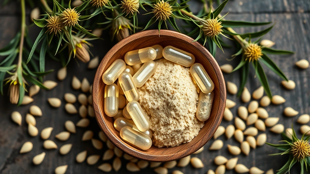 milk thistle for dogs -
Photorealistic flat lay of milk thistle supplement capsules and powder in a woo