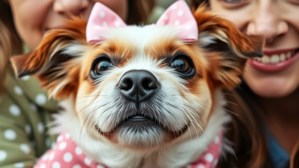 mimi dog girl -
Close-up of a dog’s face with a cute pink bow, wearing coordinating outfi