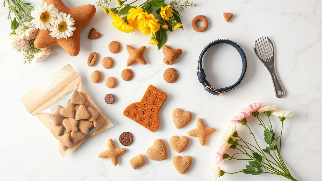 mimi dog girl -
Flat lay overhead shot of dog treats, grooming supplies, designer collar, and c