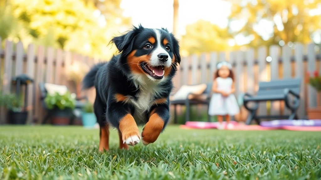mini bernese mountain dog -
A mini Bernese mountain dog playing fetch in a backyard with a family

