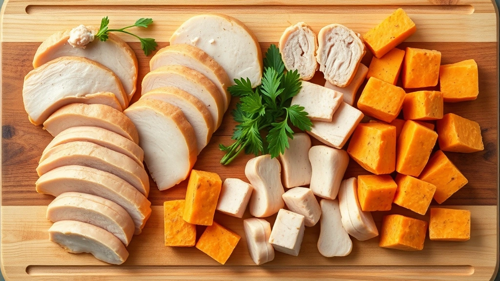 mini hot dogs -
Photorealistic flat lay of healthy dog treats including sliced chicken breast,