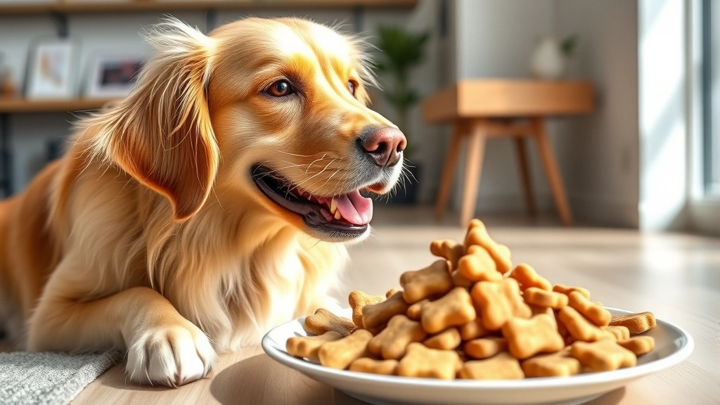 mississippi teacher dog treats -
Photorealistic image of a happy golden retriever looking at a pile of healthy d