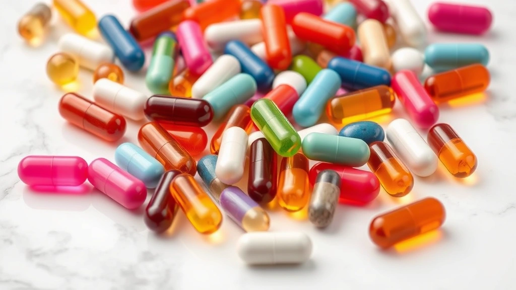 mobility supplements for dogs -
Close-up of various colorful dog supplement capsules and tablets arranged on a 