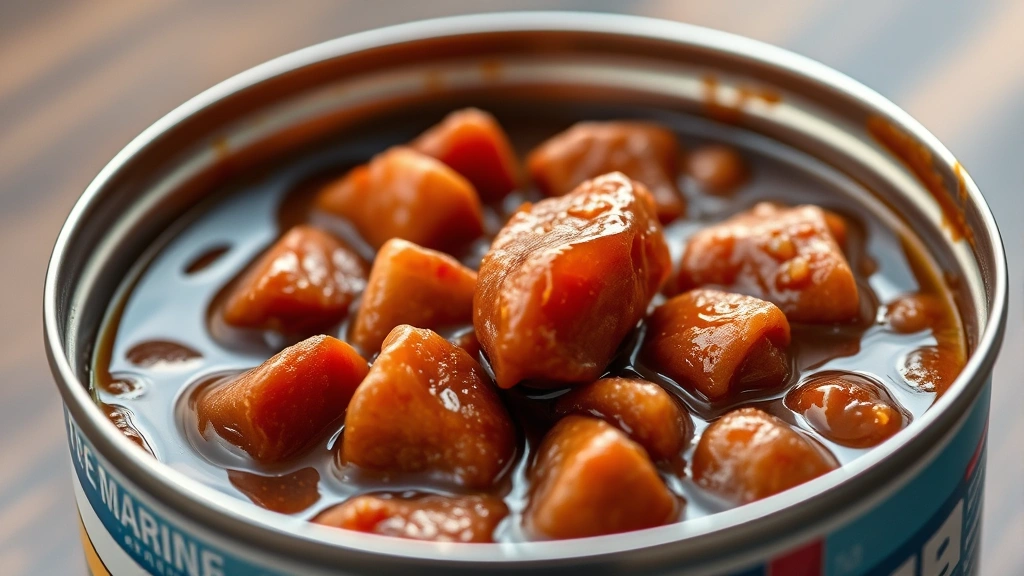 moist and meaty dog food -
Photorealistic close-up of premium wet dog food in an opened can showing tender