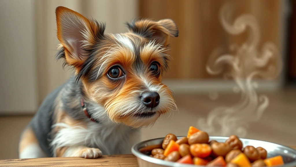 moist and meaty dog food -
Photorealistic image of a small terrier with excited expression looking at a fr