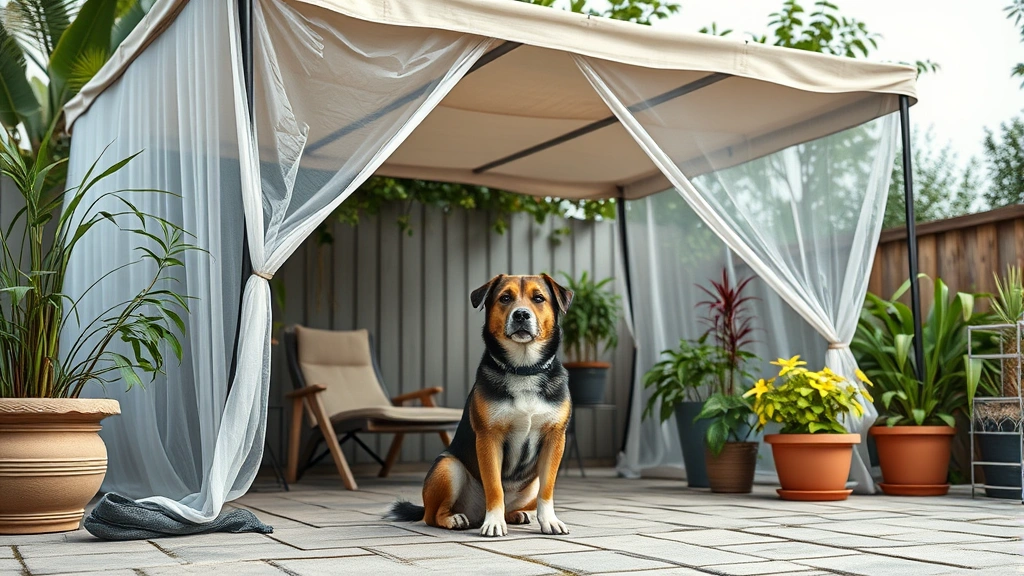 mosquito repellent for dogs -
photorealistic outdoor dog sitting on a patio with mosquito netting tent struct