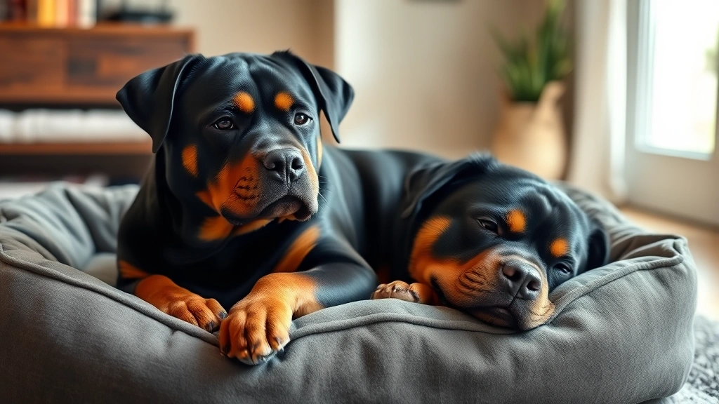 most dangerous dog -
Photorealistic image of a Rottweiler lying peacefully on a dog bed indoors, loo