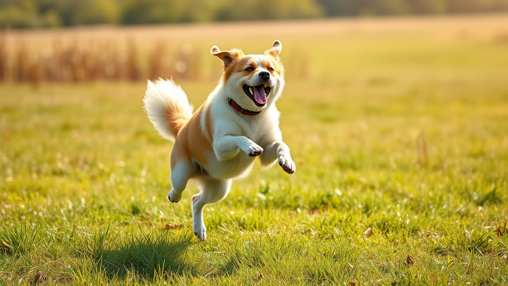 MSM supplements for pets -
Photorealistic image of an active senior dog jumping and playing in a grassy fi