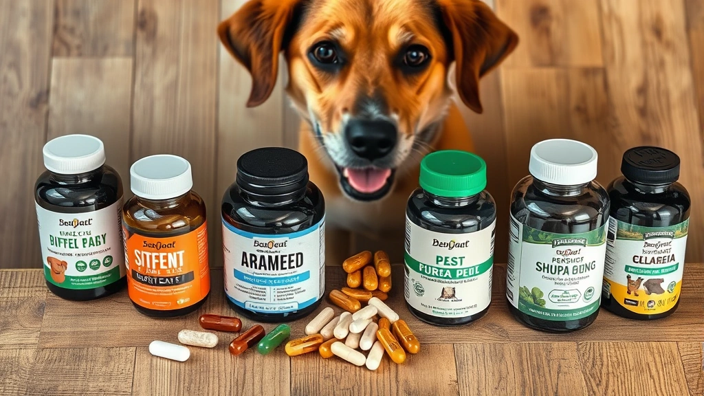 MSM supplements for pets -
Photorealistic overhead shot of various pet supplement bottles and capsules arr