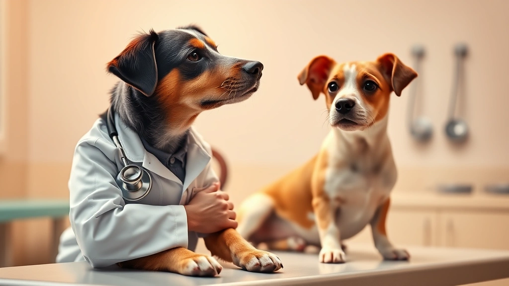 mucus in dog poop -
Photorealistic image of a veterinarian in white coat examining a dog on examina